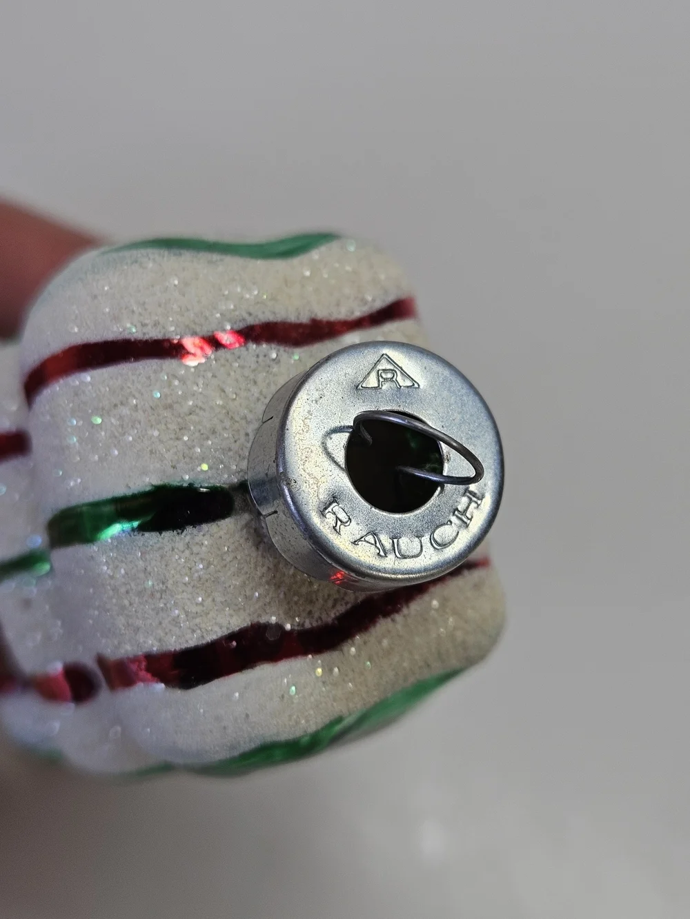 VINTAGE Rauch Red & Green Christmas Ribbon Candy Glitter Glass Ornament